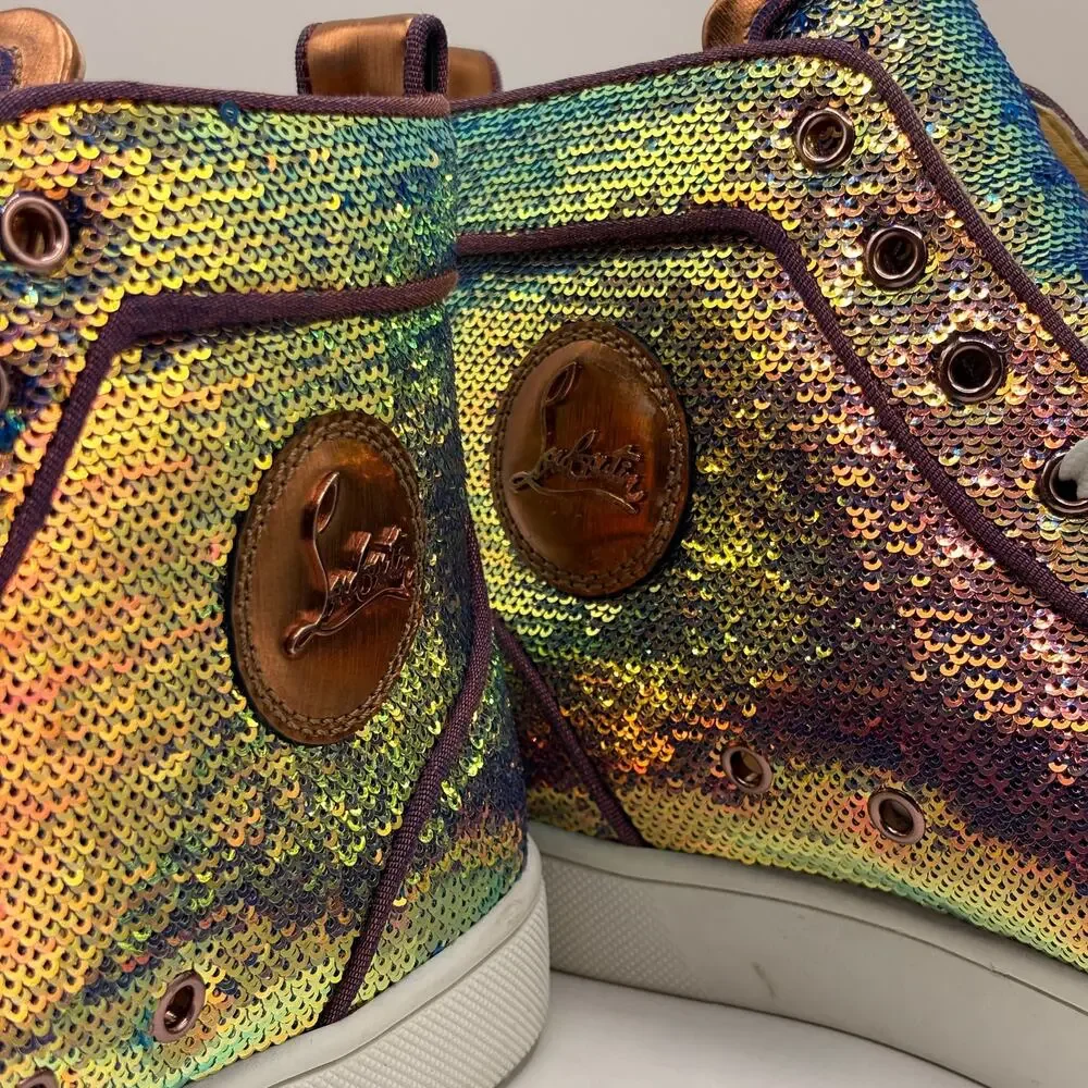 CHRISTIAN LOUBOUTIN Louis Orlato High Top Sneaker Sequin Rainbow Sz 43.5 $2200